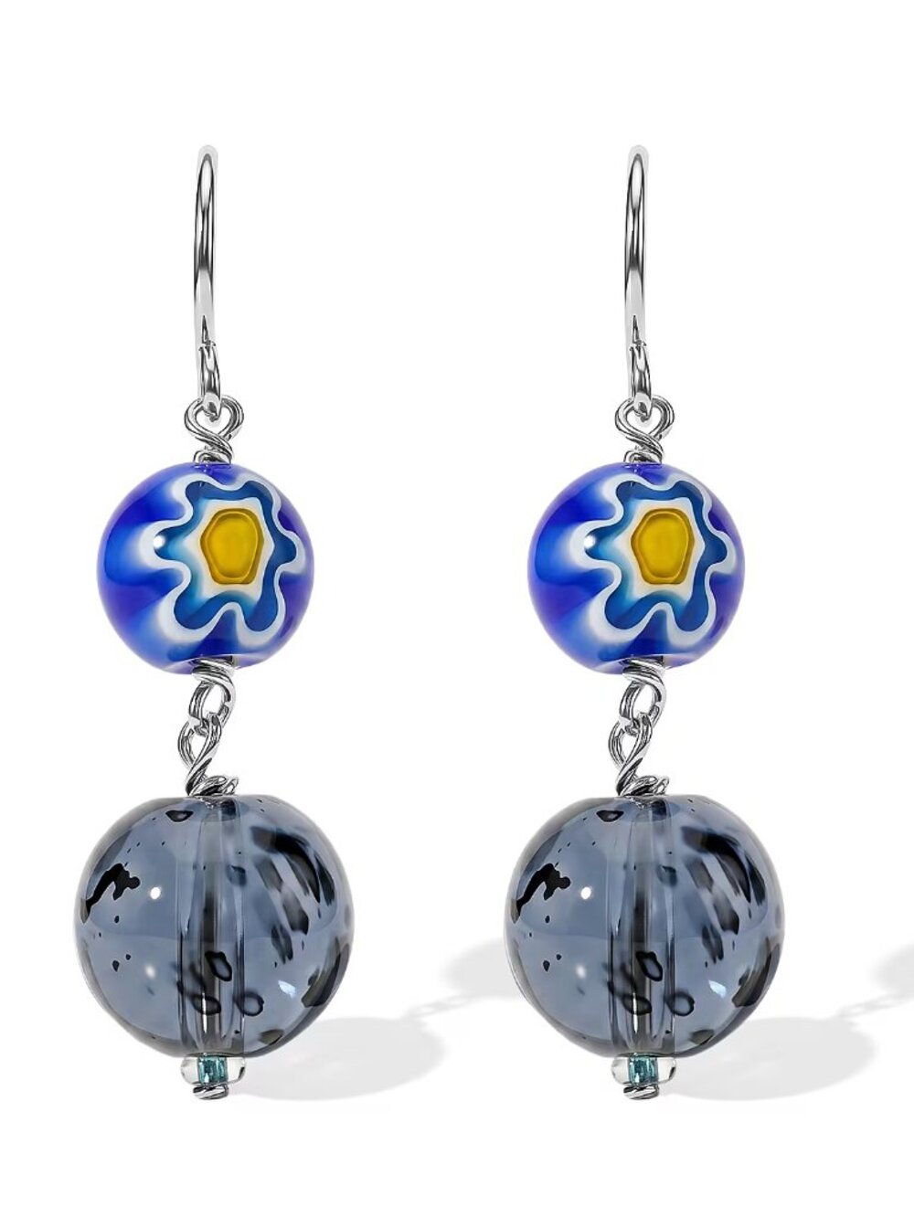 Purple & Blue Flower Artisan Glass Earrings in Sterl Silver - New